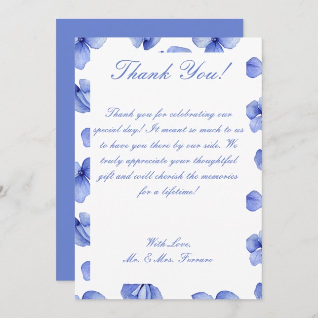 Blue Hydrangea Floral Wedding Thank You Card (Front/Back)
