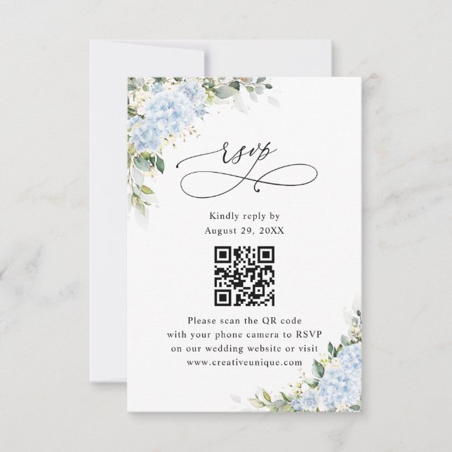 Blue Hydrangea Floral Wedding Website QR Code RSVP Card (Front)