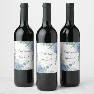 Blue Hydrangea Floral Wedding  Wine Label
