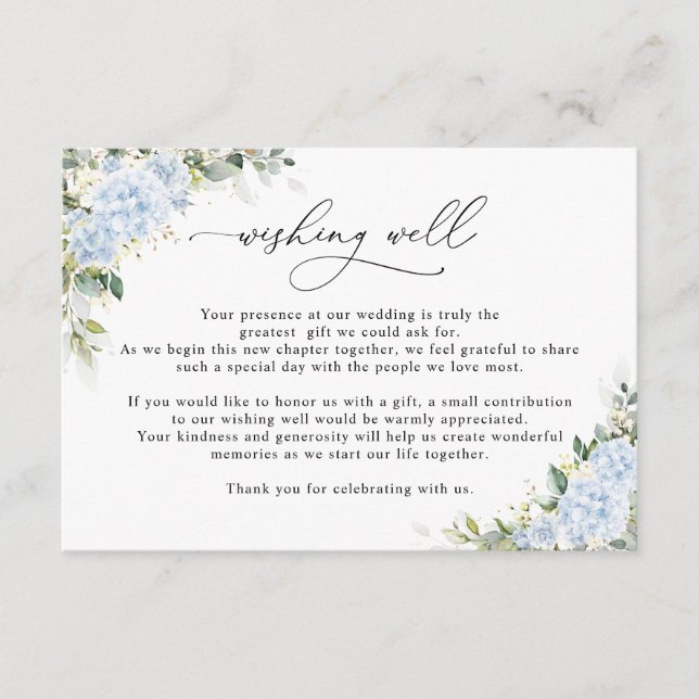 Blue Hydrangea Floral Wedding Wishing Well Enclosure Card (Front)