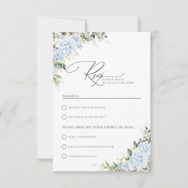 Blue Hydrangea Floral Wedding With Meal Choice RSVP Card (Front)