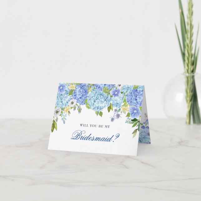 Blue Hydrangea Floral Will You Be Bridesmaid Card (Front)
