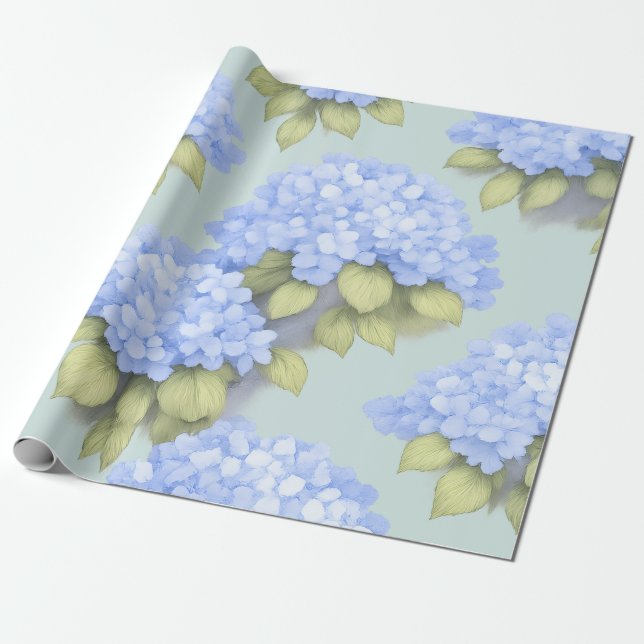 Blue Hydrangea Floral Wrapping Paper (Unrolled)