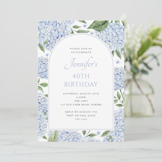 Blue Hydrangea Flower Arch Birthday Invitation (Standing Front)