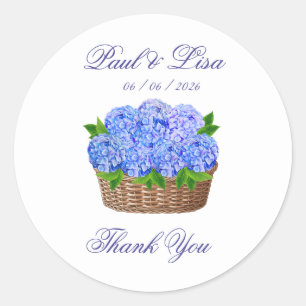 Blue Hydrangea Flower Basket Monogram Wedding Favo Classic Round Sticker
