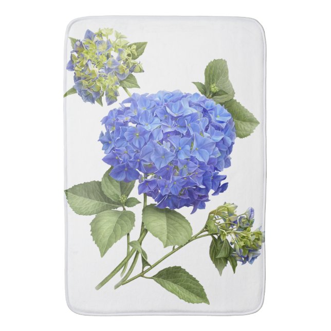 Blue Hydrangea Flower Botanical Art Bath Mat (Front Vertical)