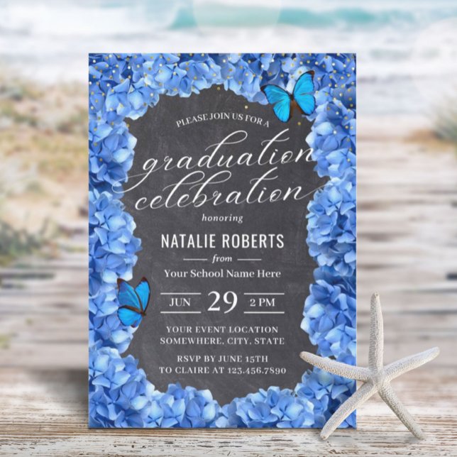 Blue Hydrangea Flower & Butterfly Graduation Party Invitation (Creator Uploaded)