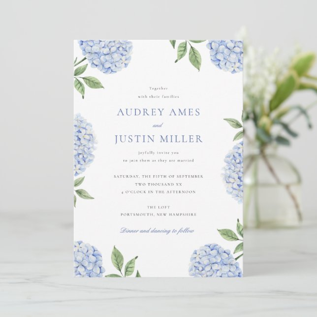 Blue Hydrangea Flower Classic Wedding Invitation (Standing Front)
