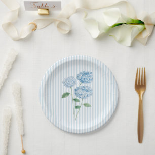 Blue Hydrangea Flower Custom Wedding Blue Stripe Paper Plate