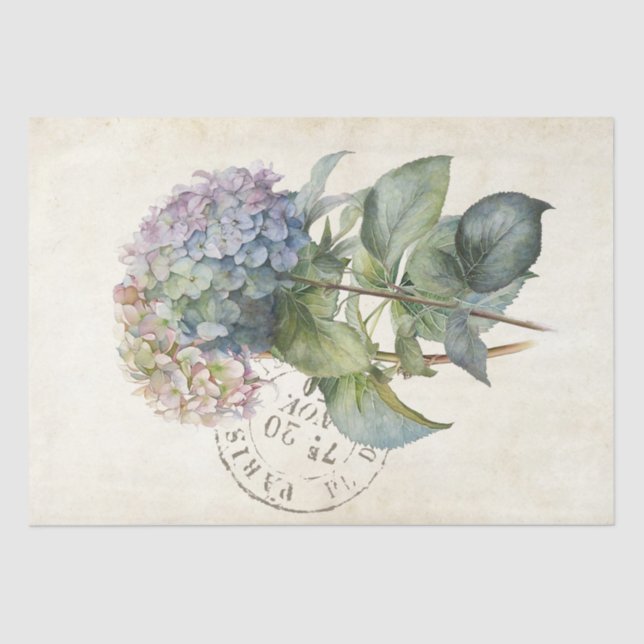 Blue Hydrangea Flower French Postmark Decoupage    Tissue Paper (Front)