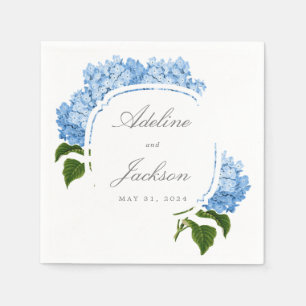 Blue Hydrangea Flower Names and Wedding Date Napkin