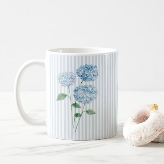Blue Hydrangea Flower Painting Blue Stripe Coffee Mug (With Donut)