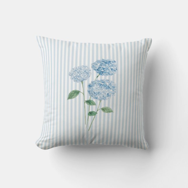Blue Hydrangea Flower Painting Blue Stripe Cushion (Front)
