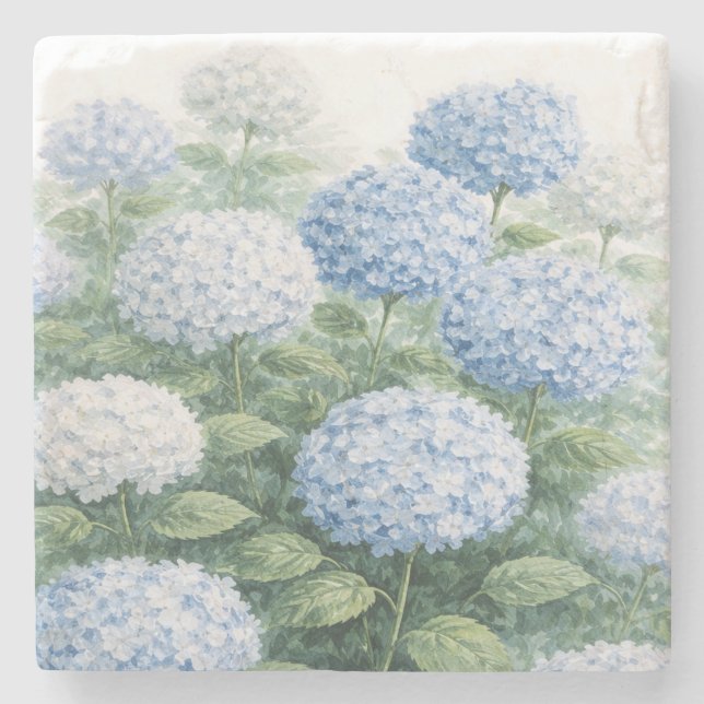 Blue Hydrangea Flower Painting Blue Stripe Stone Coaster (Front)