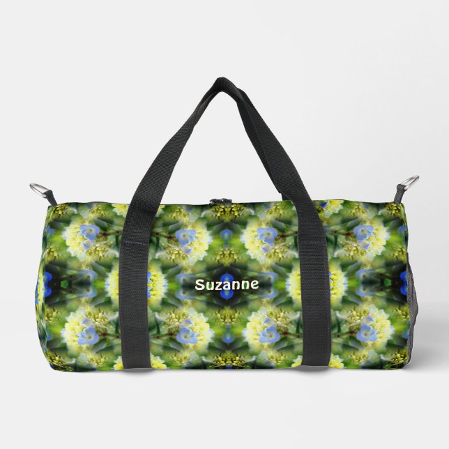 Blue Hydrangea Flower Pattern Personalised Duffle Bag (Front)