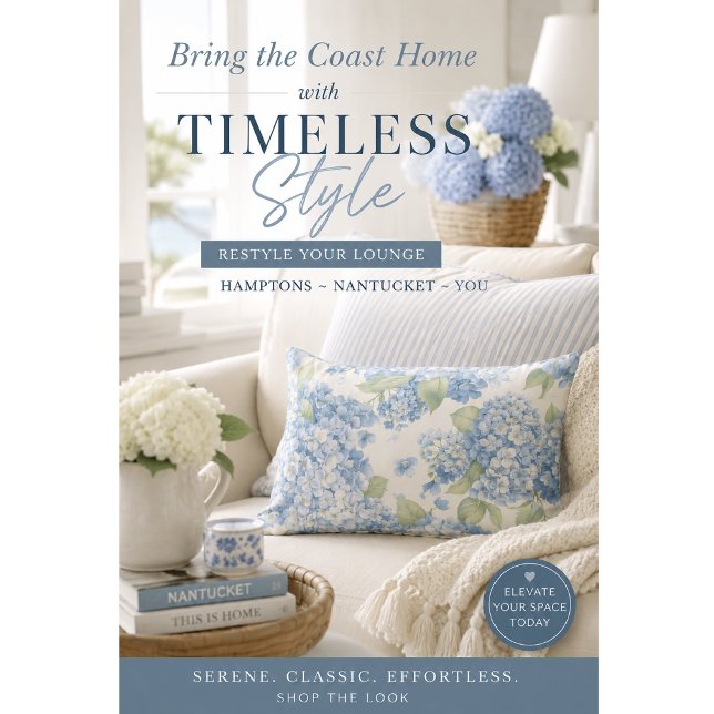 Blue Hydrangea Flower Pattern Throw Pillow (Elegant blue hydrangea lumbar pillow for serene Hamptons coastal lounge and home styling decor.)