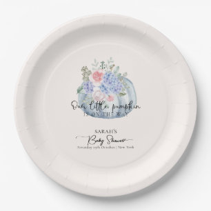 Blue Hydrangea Flower Pumpkin Fall Baby Shower Paper Plate