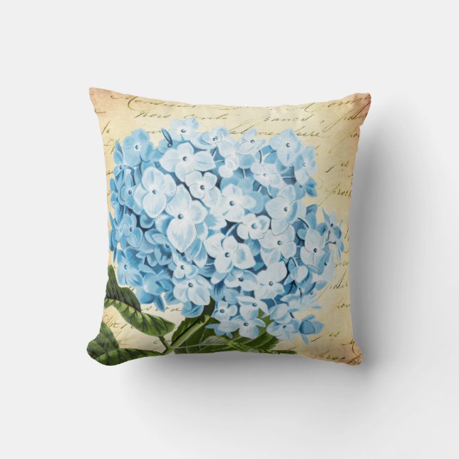 Blue Hydrangea Flower Vintage Botanical Cushion (Front)