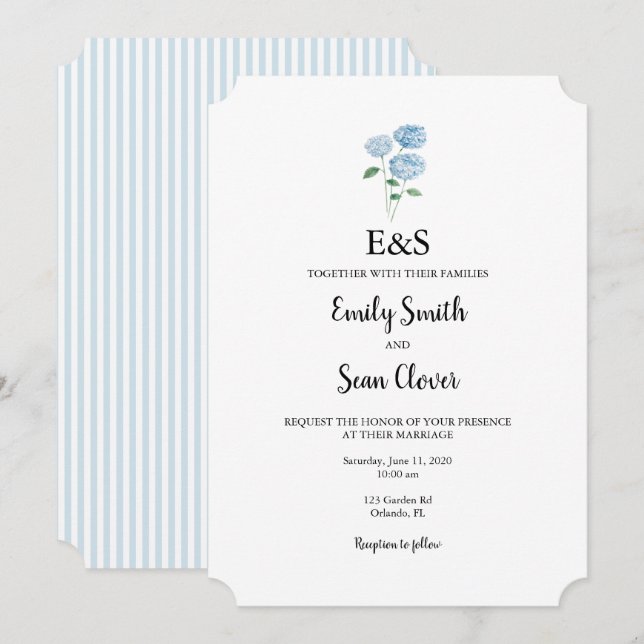 Blue Hydrangea Flower Wedding Monogram Blue Stripe Invitation (Front/Back)