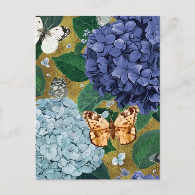 Blue Hydrangea Flowers and Butterfly  Postcard (Front)