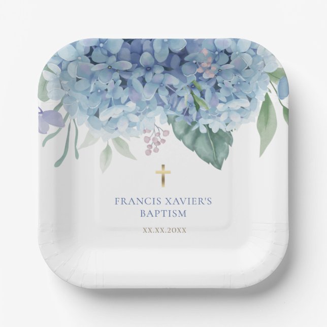 blue Hydrangea flowers Baptism Paper Plate (Front)