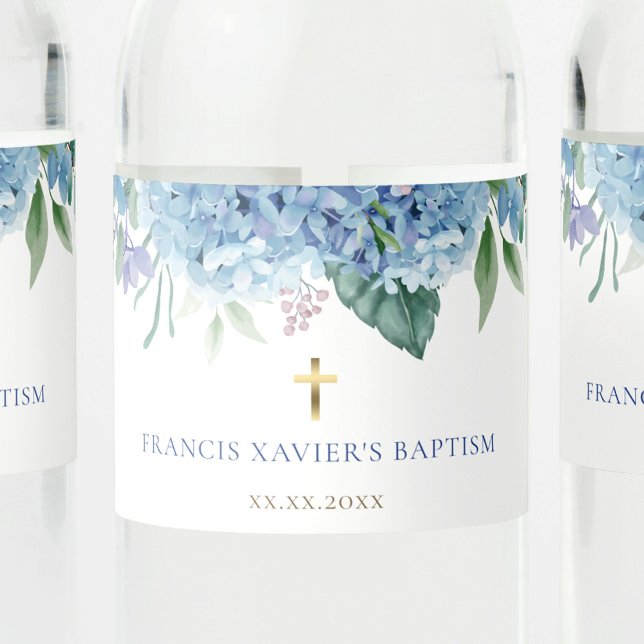 blue hydrangea flowers Baptism Water Bottle Label (Creator Uploaded)