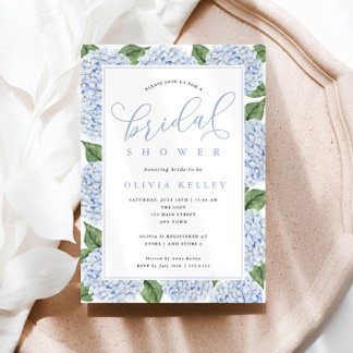 Blue Hydrangea Flowers Calligraphy Bridal Shower Invitation