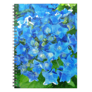 Blue hydrangea flowers. Floral photography. Notebook