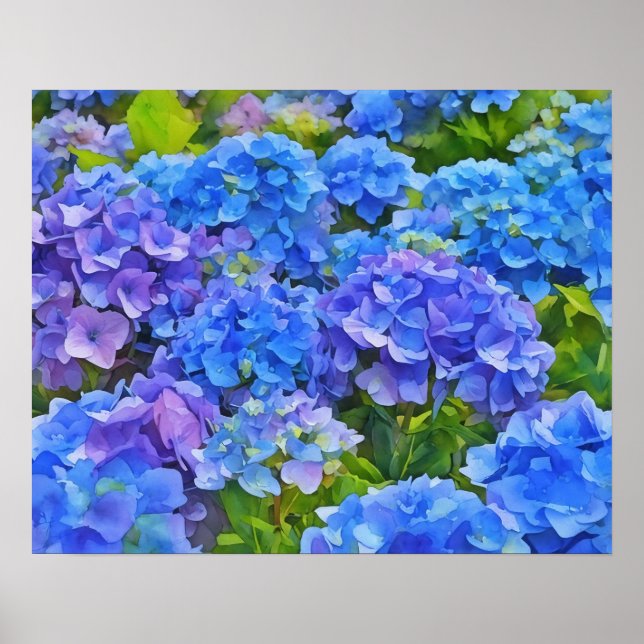 Blue Hydrangea Flowers Floral Watercolor Style Art Poster (Front)