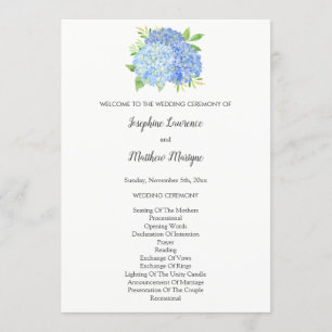 Blue Hydrangea Flowers Foliage Wedding Programme