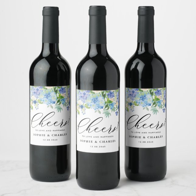 Blue Hydrangea Flowers Garland Floral Wedding Wine Label (Bottles)