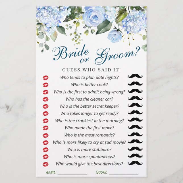 Blue Hydrangea Flowers Greenery Bridal Shower Game (Front)