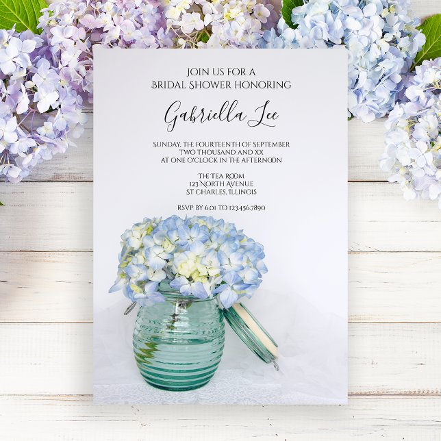 Blue Hydrangea Flowers in Jar Vase Bridal Shower Invitation (Creator Uploaded)