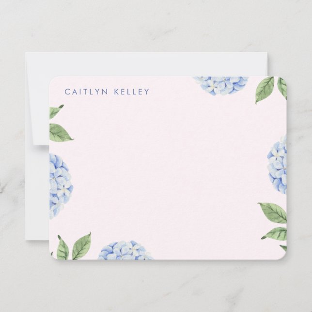 Blue Hydrangea Flowers Light Pink Custom Flat Card (Front)