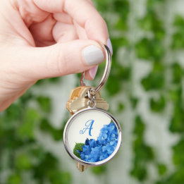Blue Hydrangea Flowers Monogram Key Ring
