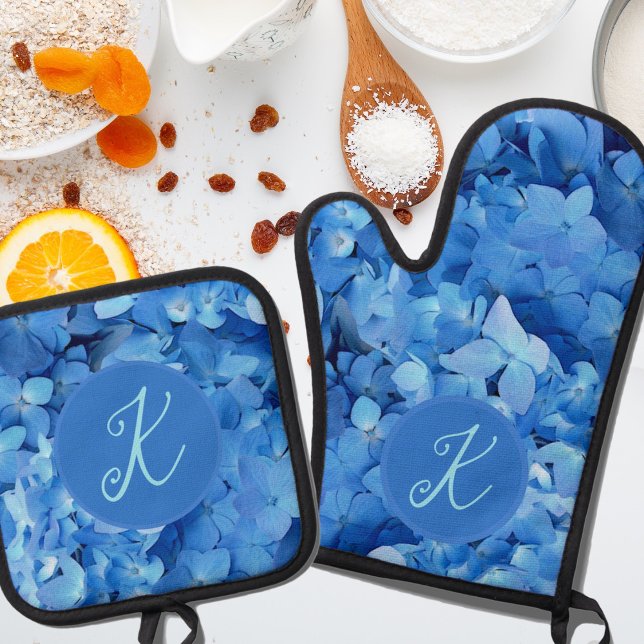 Blue Hydrangea Flowers Monogram Oven Mitt & Pot Holder Set (Creator Uploaded)