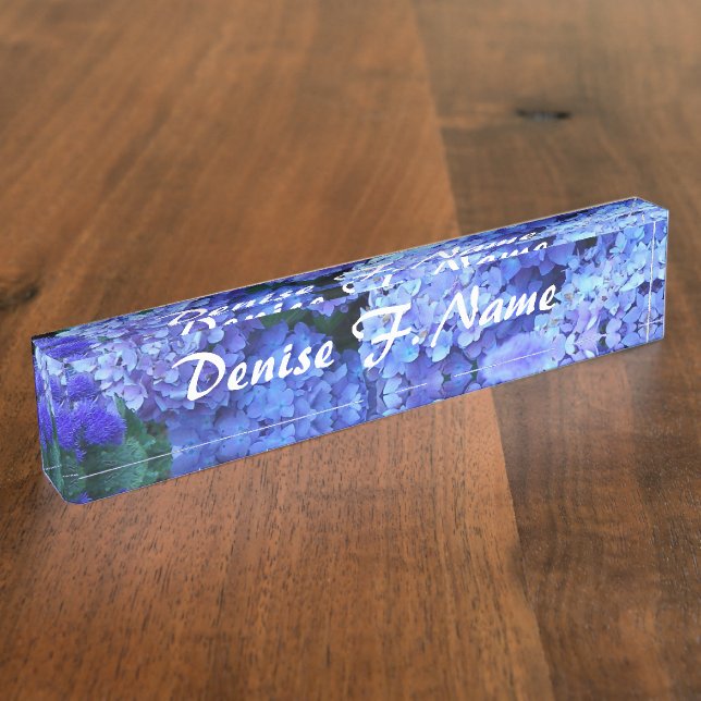 Blue Hydrangea Flowers Personalised Floral Nameplate (Side)