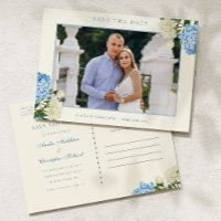 Blue Hydrangea Flowers & Rose Garden Save the Date