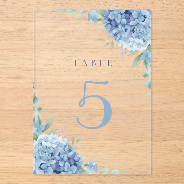 blue hydrangea flowers table 5 acrylic invitations (Front)