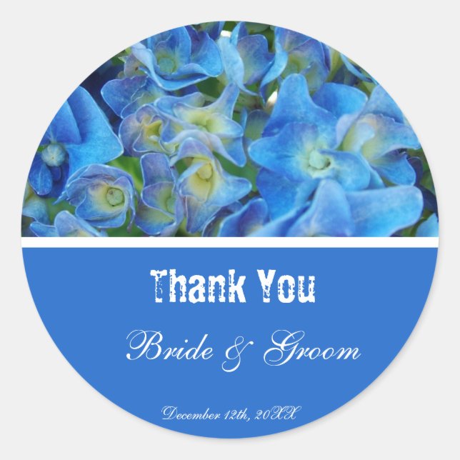 blue hydrangea flowers thank you classic round sticker (Front)