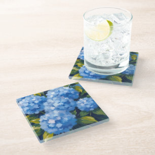 Blue Hydrangea Flowers Watercolor Floral Glass Coaster