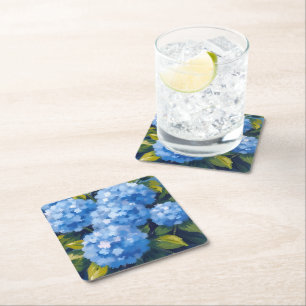 Blue Hydrangea Flowers Watercolor Floral Square Paper Coaster