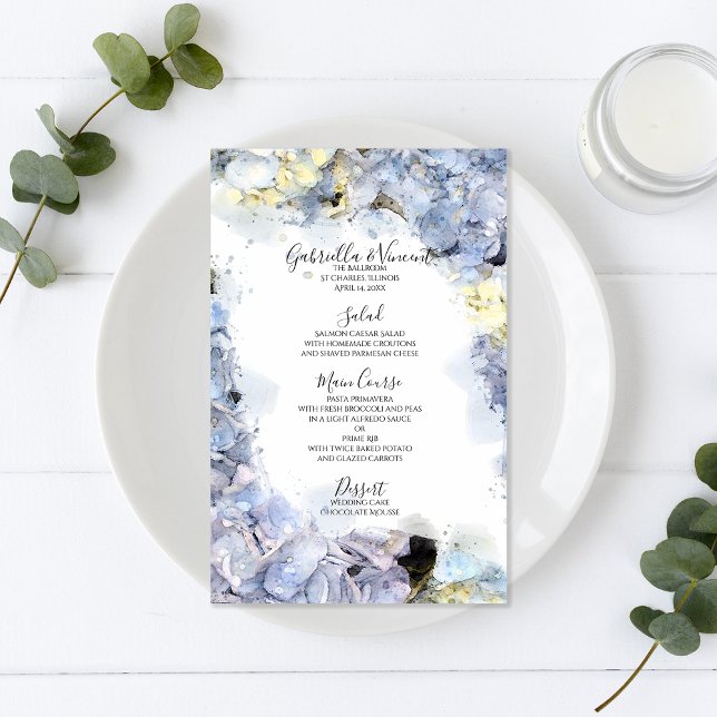 Blue Hydrangea Flowers Watercolor Wedding Menu (Creator Uploaded)