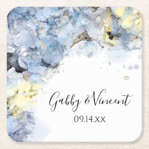 Blue Hydrangea Flowers Watercolor Wedding Square Paper Coaster