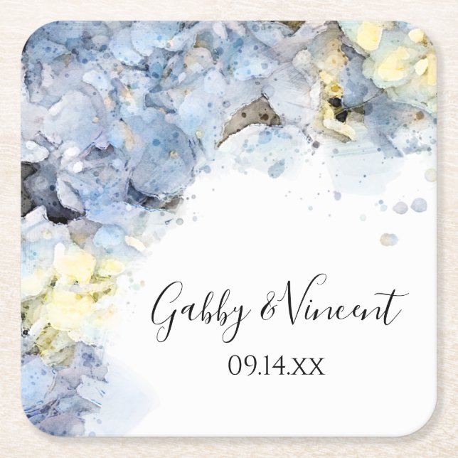 Blue Hydrangea Flowers Watercolor Wedding  Square Paper Coaster (Front)