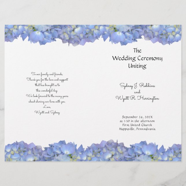 Blue Hydrangea Flowers Wedding Program Template (Front)