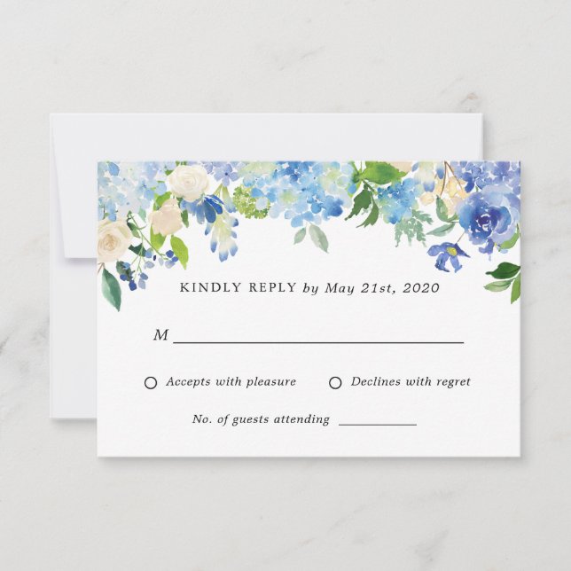 Blue Hydrangea Flowers Wedding RSVP reply Card (Front)