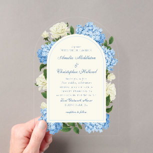 Blue Hydrangea Flowers & White Rose Garden Wedding Acrylic Invitations