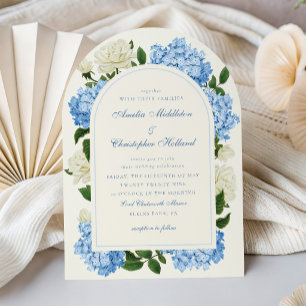 Blue Hydrangea Flowers & White Rose Garden Wedding Invitation