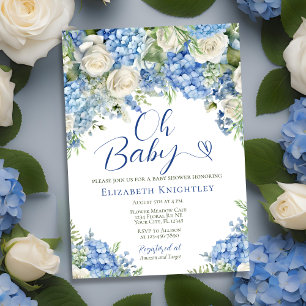 Blue Hydrangea Flowers White Roses Oh Baby Shower Invitation